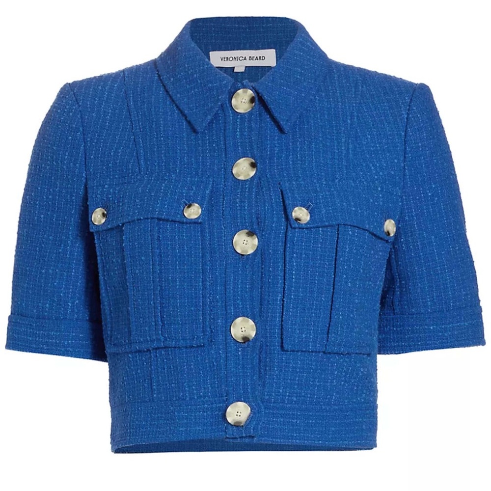 Veronica Beard Rosalina Short Sleeve Cotton Blend Tweed Jacket Blue Size 00